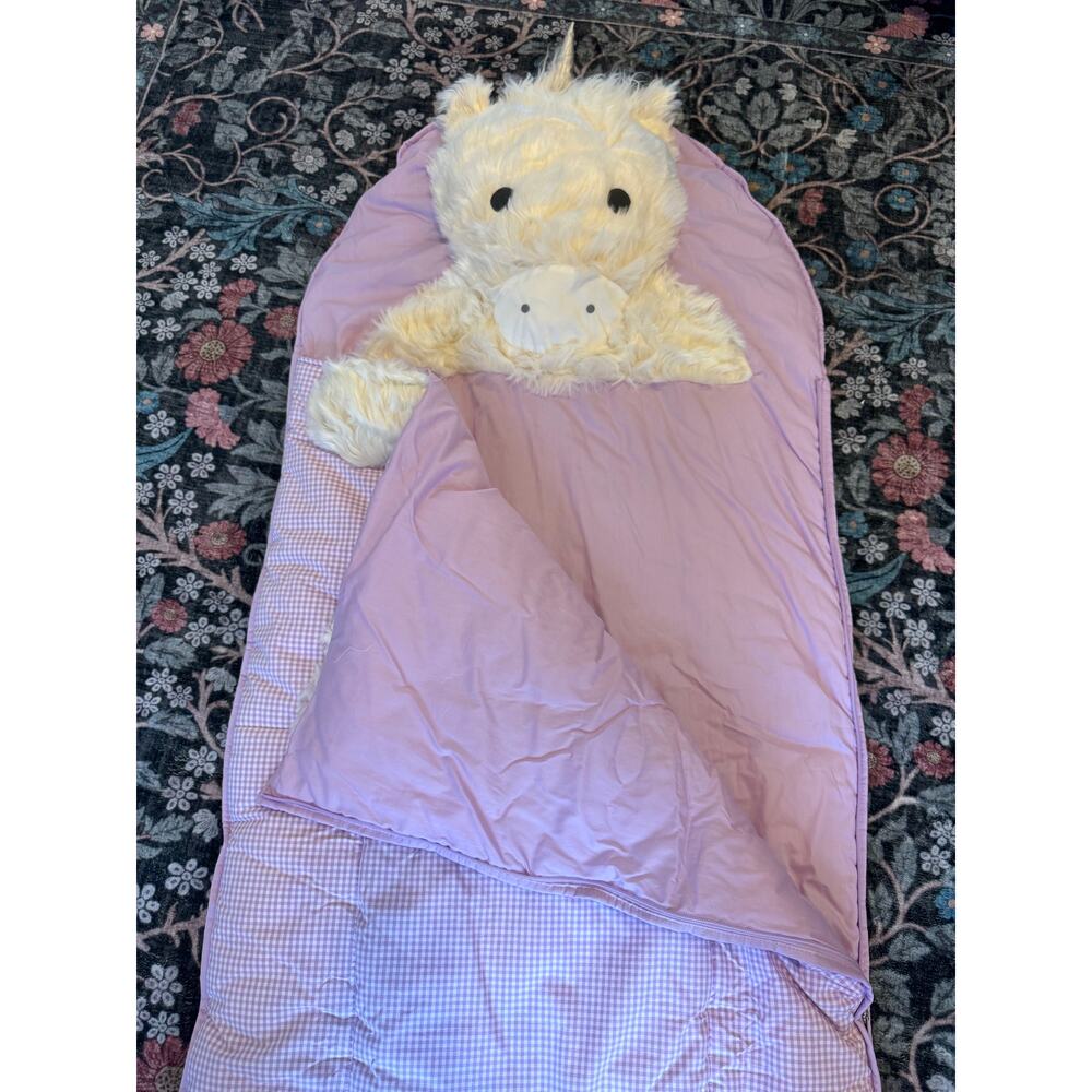 Pottery Barn Shaggy Unicorn Purple Gingham Sleeping Bag “ZOE” Monogram NWT